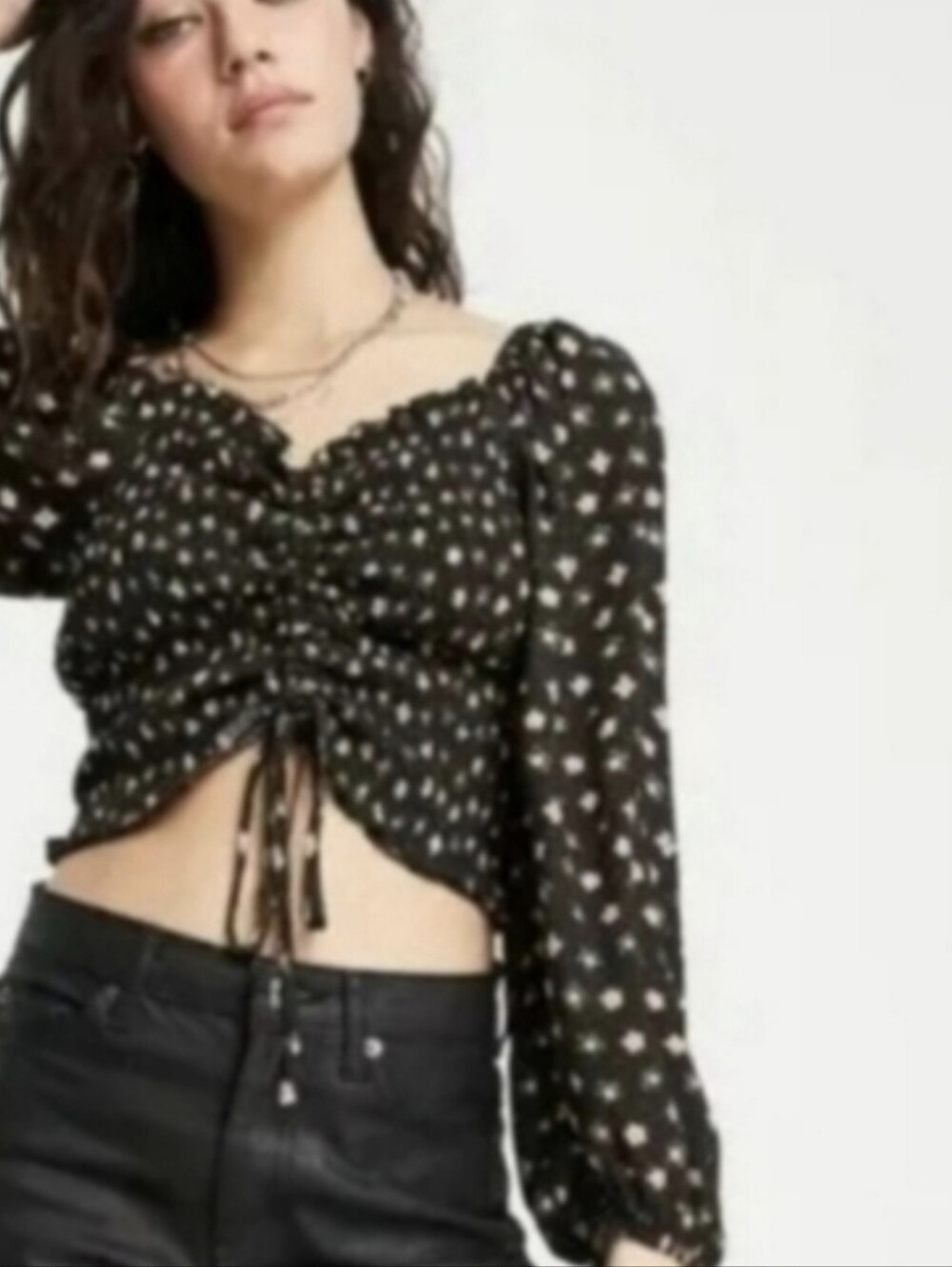 S-L Topshop Black & Orange Retro Floral Smocked Long Billowy Sleeves Crop Top